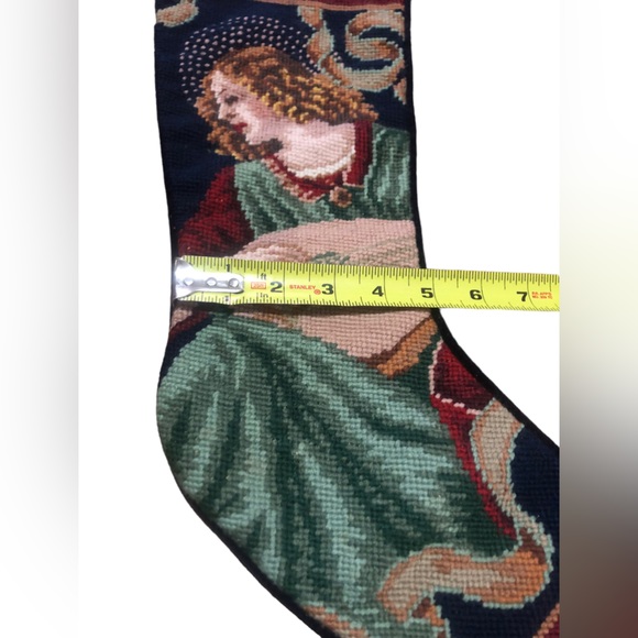 Needlepoint Christmas Stocking Angel Mandolin Handmade Wool Velvet Back 22” - Picture 5 of 6